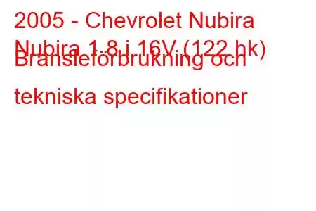 2005 - Chevrolet Nubira
Nubira 1.8 i 16V (122 hk) Bränsleförbrukning och tekniska specifikationer