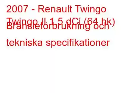 2007 - Renault Twingo
Twingo II 1,5 dCi (64 hk) Bränsleförbrukning och tekniska specifikationer