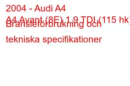 2004 - Audi A4
A4 Avant (8E) 1.9 TDI (115 hk) Bränsleförbrukning och tekniska specifikationer