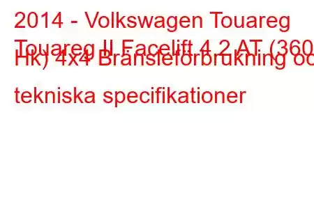 2014 - Volkswagen Touareg
Touareg II Facelift 4.2 AT (360 Hk) 4x4 Bränsleförbrukning och tekniska specifikationer