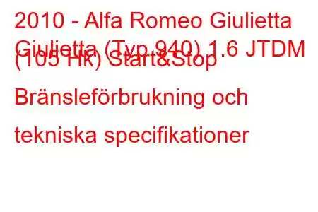 2010 - Alfa Romeo Giulietta
Giulietta (Typ 940) 1.6 JTDM (105 Hk) Start&Stop Bränsleförbrukning och tekniska specifikationer