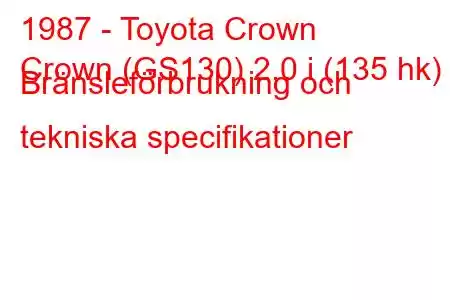 1987 - Toyota Crown
Crown (GS130) 2,0 i (135 hk) Bränsleförbrukning och tekniska specifikationer