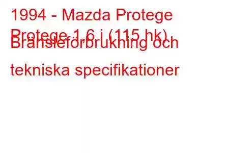 1994 - Mazda Protege
Protege 1,6 i (115 hk) Bränsleförbrukning och tekniska specifikationer