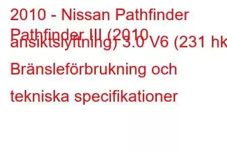 2010 - Nissan Pathfinder
Pathfinder III (2010 ansiktslyftning) 3.0 V6 (231 hk) Bränsleförbrukning och tekniska specifikationer