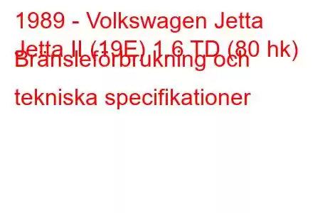 1989 - Volkswagen Jetta
Jetta II (19E) 1.6 TD (80 hk) Bränsleförbrukning och tekniska specifikationer