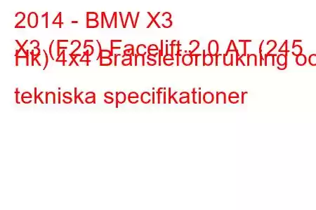 2014 - BMW X3
X3 (F25) Facelift 2.0 AT (245 Hk) 4x4 Bränsleförbrukning och tekniska specifikationer