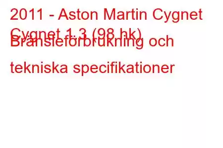 2011 - Aston Martin Cygnet
Cygnet 1.3 (98 hk) Bränsleförbrukning och tekniska specifikationer