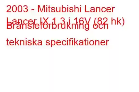 2003 - Mitsubishi Lancer
Lancer IX 1.3 i 16V (82 hk) Bränsleförbrukning och tekniska specifikationer