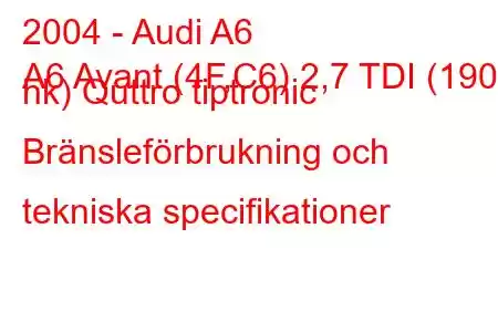 2004 - Audi A6
A6 Avant (4F,C6) 2,7 TDI (190 hk) Quttro tiptronic Bränsleförbrukning och tekniska specifikationer