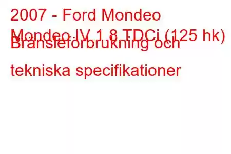 2007 - Ford Mondeo
Mondeo IV 1.8 TDCi (125 hk) Bränsleförbrukning och tekniska specifikationer