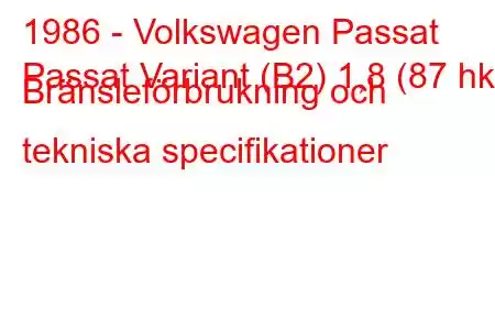 1986 - Volkswagen Passat
Passat Variant (B2) 1,8 (87 hk) Bränsleförbrukning och tekniska specifikationer