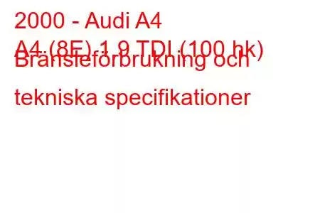 2000 - Audi A4
A4 (8E) 1,9 TDI (100 hk) Bränsleförbrukning och tekniska specifikationer