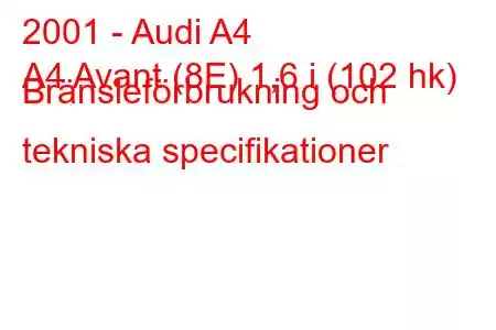 2001 - Audi A4
A4 Avant (8E) 1,6 i (102 hk) Bränsleförbrukning och tekniska specifikationer