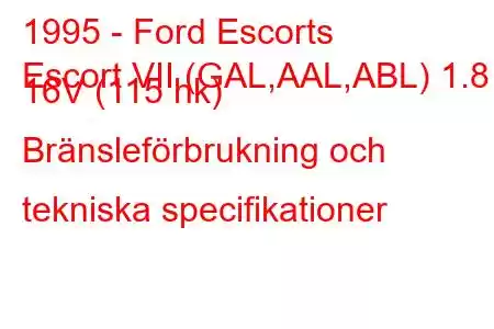 1995 - Ford Escorts
Escort VII (GAL,AAL,ABL) 1.8 i 16V (115 hk) Bränsleförbrukning och tekniska specifikationer