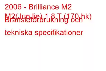 2006 - Brilliance M2
M2(JunJie) 1,8 T (170 hk) Bränsleförbrukning och tekniska specifikationer