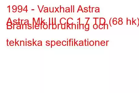 1994 - Vauxhall Astra
Astra Mk III CC 1.7 TD (68 hk) Bränsleförbrukning och tekniska specifikationer