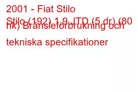 2001 - Fiat Stilo
Stilo (192) 1,9 JTD (5 dr) (80 hk) Bränsleförbrukning och tekniska specifikationer