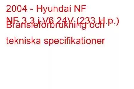 2004 - Hyundai NF
NF 3.3 i V6 24V (233 H.p.) Bränsleförbrukning och tekniska specifikationer