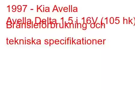 1997 - Kia Avella
Avella Delta 1.5 i 16V (105 hk) Bränsleförbrukning och tekniska specifikationer