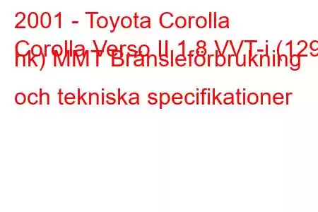 2001 - Toyota Corolla
Corolla Verso II 1.8 VVT-i (129 hk) MMT Bränsleförbrukning och tekniska specifikationer