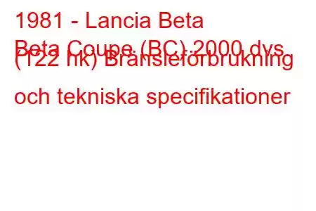 1981 - Lancia Beta
Beta Coupe (BC) 2000 dvs. (122 hk) Bränsleförbrukning och tekniska specifikationer