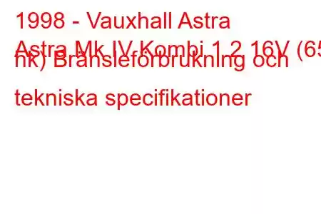 1998 - Vauxhall Astra
Astra Mk IV Kombi 1.2 16V (65 hk) Bränsleförbrukning och tekniska specifikationer