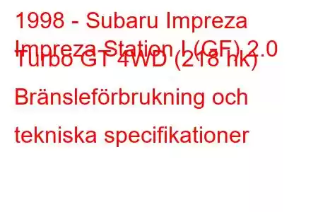 1998 - Subaru Impreza
Impreza Station I (GF) 2.0 Turbo GT 4WD (218 hk) Bränsleförbrukning och tekniska specifikationer