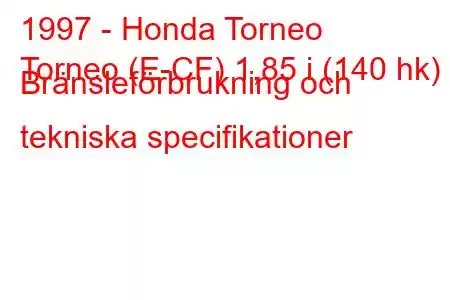 1997 - Honda Torneo
Torneo (E-CF) 1,85 i (140 hk) Bränsleförbrukning och tekniska specifikationer