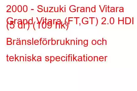 2000 - Suzuki Grand Vitara
Grand Vitara (FT,GT) 2.0 HDI (5 dr) (109 hk) Bränsleförbrukning och tekniska specifikationer