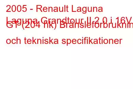 2005 - Renault Laguna
Laguna Grandtour II 2.0 i 16V GT (204 hk) Bränsleförbrukning och tekniska specifikationer