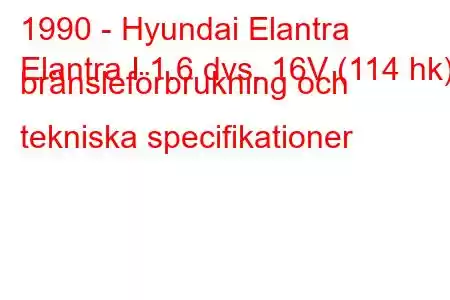 1990 - Hyundai Elantra
Elantra I 1.6 dvs. 16V (114 hk) bränsleförbrukning och tekniska specifikationer