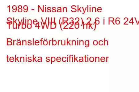 1989 - Nissan Skyline
Skyline VIII (R32) 2.6 i R6 24V Turbo 4WD (220 hk) Bränsleförbrukning och tekniska specifikationer