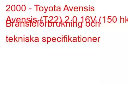 2000 - Toyota Avensis
Avensis (T22) 2.0 16V (150 hk) Bränsleförbrukning och tekniska specifikationer