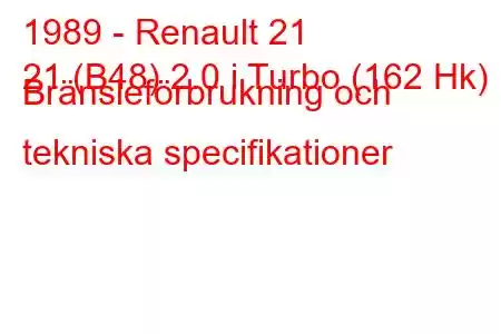 1989 - Renault 21
21 (B48) 2.0 i Turbo (162 Hk) Bränsleförbrukning och tekniska specifikationer