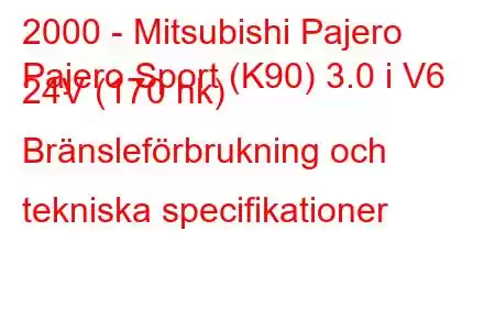 2000 - Mitsubishi Pajero
Pajero Sport (K90) 3.0 i V6 24V (170 hk) Bränsleförbrukning och tekniska specifikationer