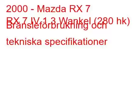 2000 - Mazda RX 7
RX 7 IV 1.3 Wankel (280 hk) Bränsleförbrukning och tekniska specifikationer