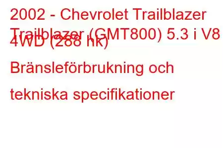 2002 - Chevrolet Trailblazer
Trailblazer (GMT800) 5.3 i V8 4WD (288 hk) Bränsleförbrukning och tekniska specifikationer