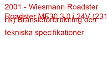 2001 - Wiesmann Roadster
Roadster MF30 3.0 i 24V (231 hk) Bränsleförbrukning och tekniska specifikationer