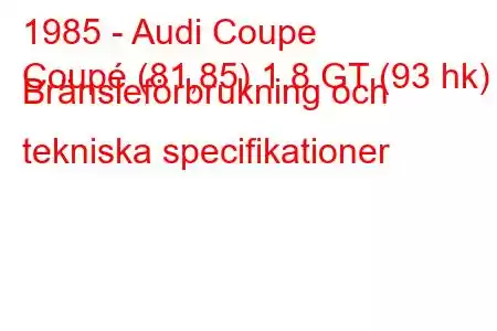 1985 - Audi Coupe
Coupé (81,85) 1,8 GT (93 hk) Bränsleförbrukning och tekniska specifikationer