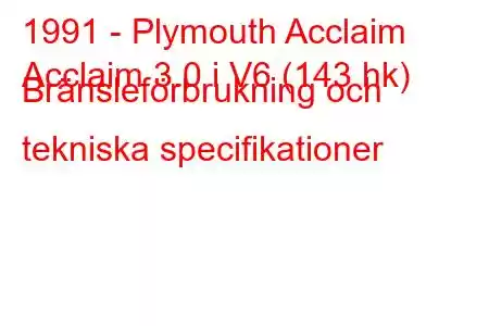 1991 - Plymouth Acclaim
Acclaim 3.0 i V6 (143 hk) Bränsleförbrukning och tekniska specifikationer