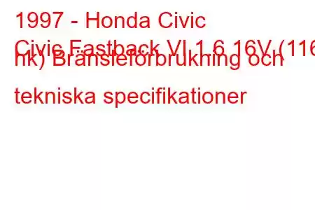 1997 - Honda Civic
Civic Fastback VI 1.6 16V (116 hk) Bränsleförbrukning och tekniska specifikationer