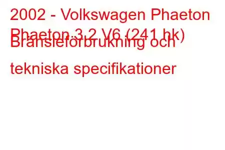 2002 - Volkswagen Phaeton
Phaeton 3.2 V6 (241 hk) Bränsleförbrukning och tekniska specifikationer