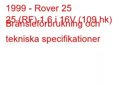 1999 - Rover 25
25 (RF) 1,6 i 16V (109 hk) Bränsleförbrukning och tekniska specifikationer