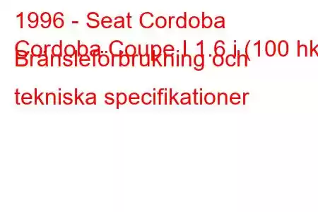 1996 - Seat Cordoba
Cordoba Coupe I 1.6 i (100 hk) Bränsleförbrukning och tekniska specifikationer