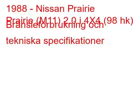 1988 - Nissan Prairie
Prairie (M11) 2.0 i 4X4 (98 hk) Bränsleförbrukning och tekniska specifikationer