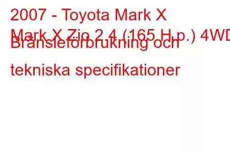 2007 - Toyota Mark X
Mark X Zio 2.4 (165 H.p.) 4WD Bränsleförbrukning och tekniska specifikationer