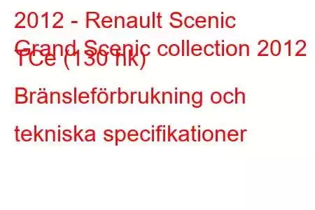 2012 - Renault Scenic
Grand Scenic collection 2012 TCe (130 hk) Bränsleförbrukning och tekniska specifikationer