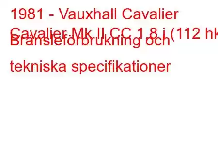 1981 - Vauxhall Cavalier
Cavalier Mk II CC 1,8 i (112 hk) Bränsleförbrukning och tekniska specifikationer