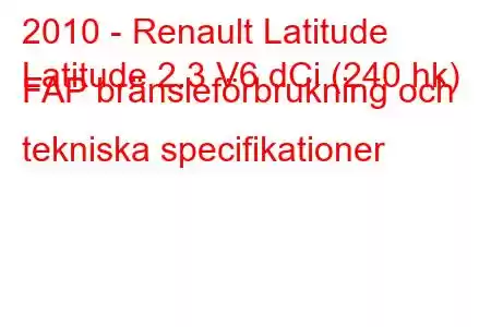 2010 - Renault Latitude
Latitude 2.3 V6 dCi (240 hk) FAP bränsleförbrukning och tekniska specifikationer