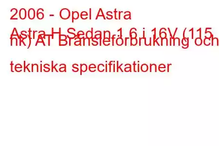 2006 - Opel Astra
Astra H Sedan 1.6 i 16V (115 hk) AT Bränsleförbrukning och tekniska specifikationer